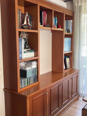 Solid beech wood bookcase with shelves and cabinets