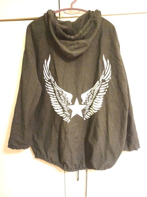 Unisex black jacket used with wing design and hood size M