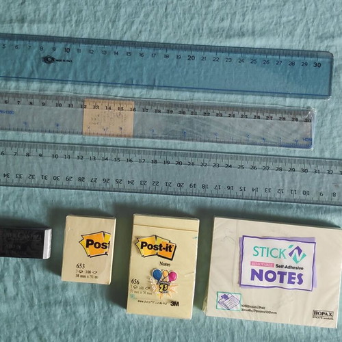 Office supplies new with rulers, Faber Castell eraser and post it