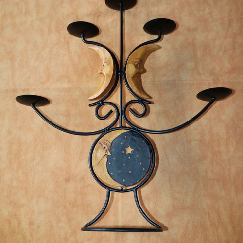 Handmade candle holder 5 candles wood-carved painted sun&moon new
