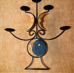 Κηροπήγιο χειροποίητο 5 κερια ξυλόγλυπτο  ζωγραφιστό, sun&moon
