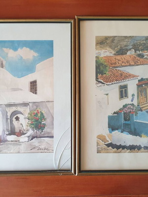 Two offset print watercolors with frames, one with broken glass