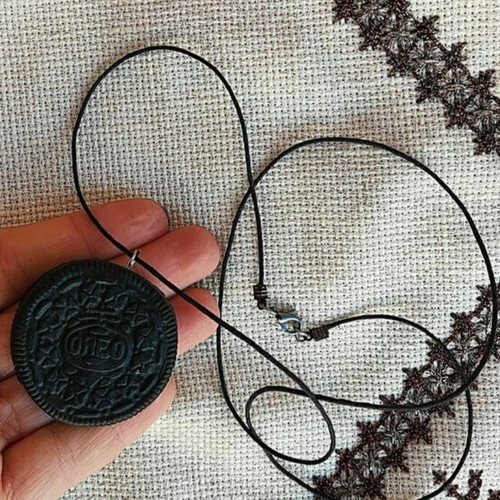 Oreo cookie necklace new handmade with black cord