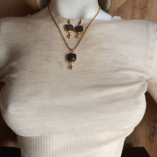 Necklace and earrings set stainless steel gold plated with semi-precious stones and anthracite color, new