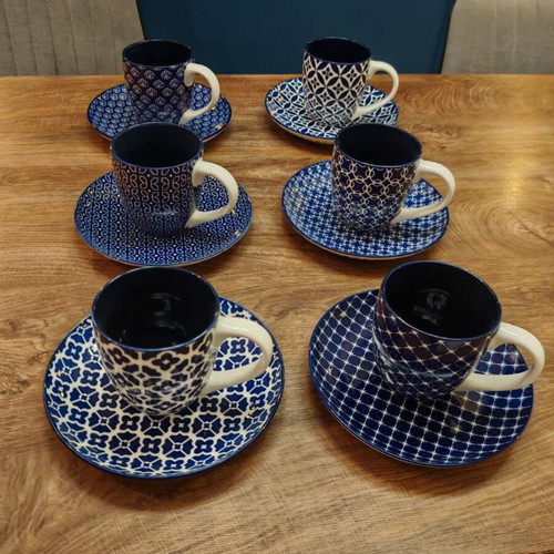 Dowan porcelain coffee and tea set royal blue 6 cups with 6 saucers new