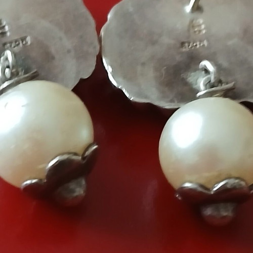 Vintage 925 silver earrings with faux pearls, 3 cm, like new
