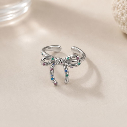 Adjustable coquette bow ring with colorful stones, new