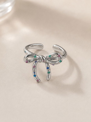 Adjustable coquette bow ring with colorful stones, new