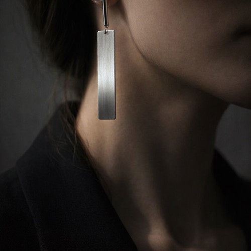 Minimalist brushed steel drop earrings like new, silver tone