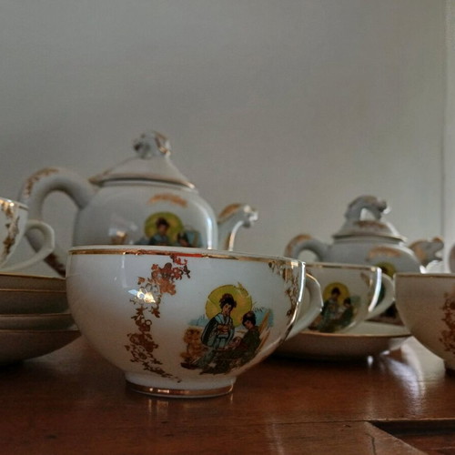 Japanese eggshell porcelain tea set new with lithophane Geisha and gold details
