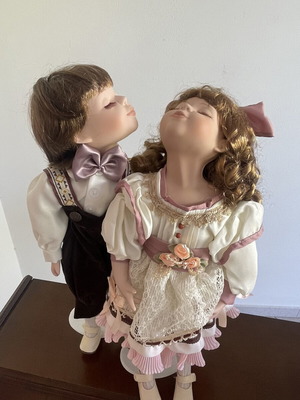 Cute porcelain doll couple boy and girl in box, vintage