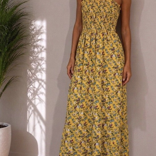 Zeva cotton floral dress yellow used, elastic top, S/M