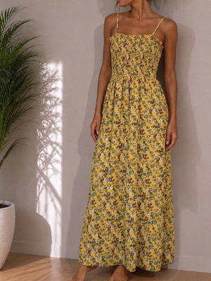 Zeva cotton floral dress yellow used, elastic top, S/M