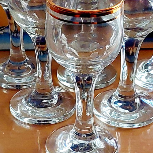 Pasabahce Tulipe Liqueur Glasses Set of 6 New with Gold Rim