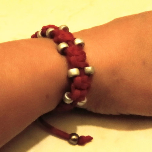 Handmade suede bracelet like new, red with silver beads