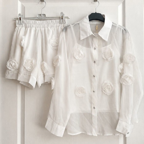 Azara Paris Organza Co-Ord Set with 3D Flowers white, new
