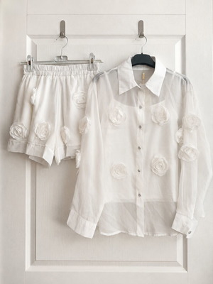 Azara Paris Organza Co-Ord Set with 3D Flowers white, new