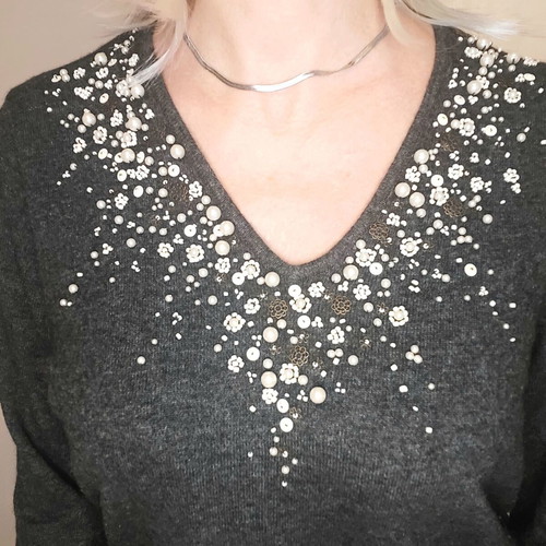 Leonard's women's blouse size L 42 gray with pearls and beads like new