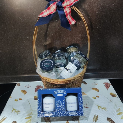 St. Dalfour empty jam jars gift basket with vintage butter knife and porcelain salt and pepper set
