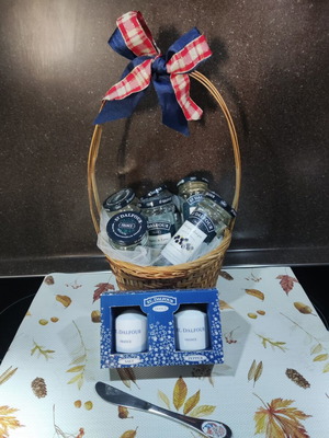 St. Dalfour empty jam jars gift basket with vintage butter knife and porcelain salt and pepper set