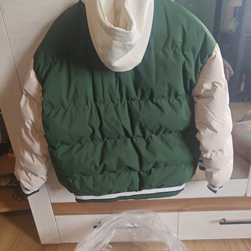 Men's puffer varsity jacket with hood, new, green and white