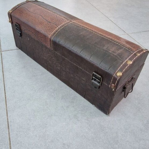 Wooden box with leather-like covering and metal handles