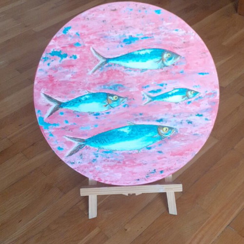 Handmade painting on driftwood new, 38 cm diameter
