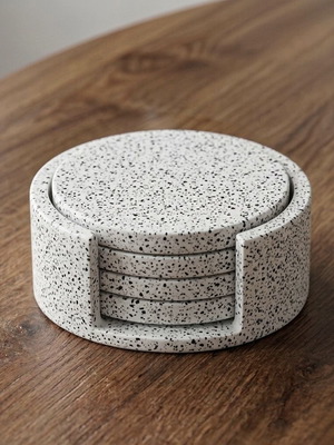 Porcelain coaster set with terrazzo effect holder, new