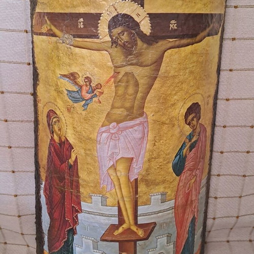 The Crucifixion handmade decoupage image on tile like new