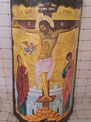 Η Σταύρωσις χειροποίητη εικόνα decoupage σε κεραμίδι σαν καινούργιο