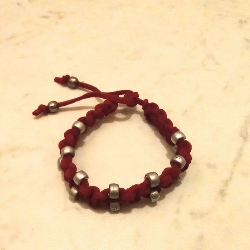 Handmade suede bracelet like new, red with silver beads