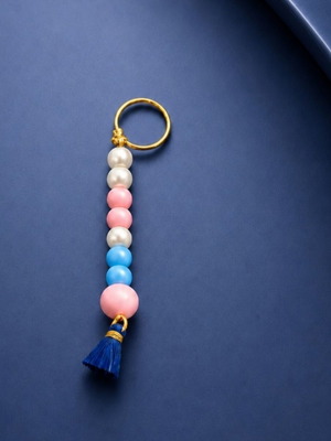 Keychain charm with wooden beads, pearls and blue tassel new