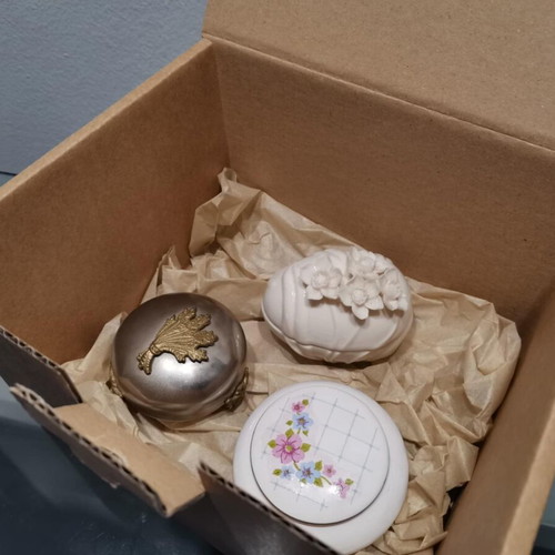 Vintage jewelry boxes used, set of 3, metal and porcelain