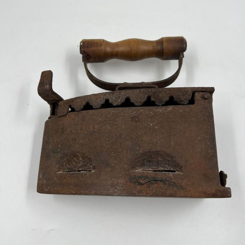 Cast Iron Charcoal Iron with Wooden Handle used, vintage clothes iron