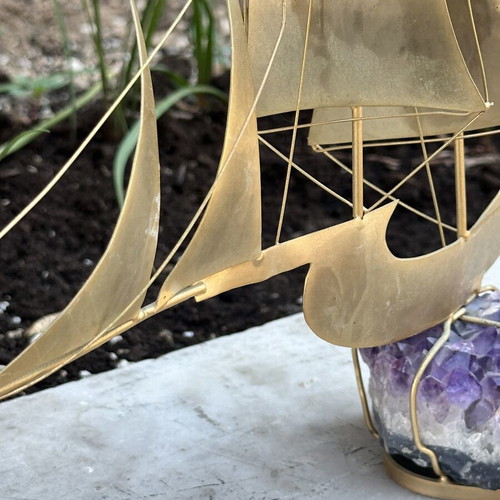 Vintage brass sailing ship on natural amethyst, 37×32 cm
