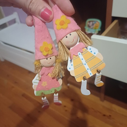 Set of 2 hanging fairy girl decorations, wood