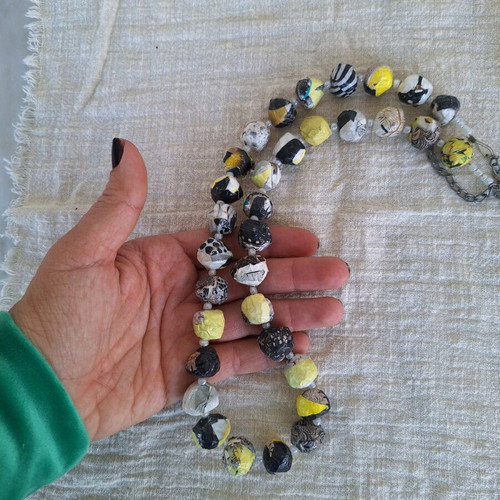 Papier-mâché necklace handmade made to order, yellow and black and white