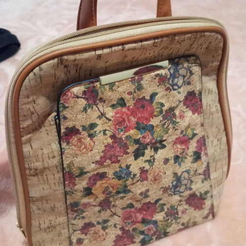 Backpack new beige with red roses cork fabric