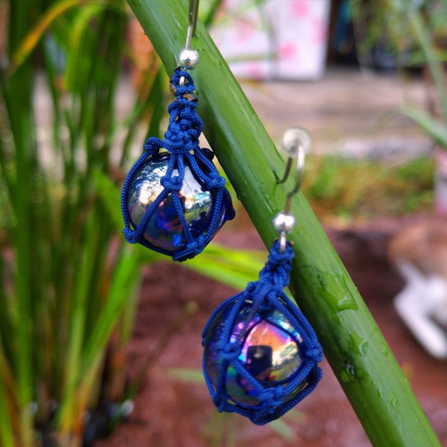 Earrings with macrame art, handmade, new, blue