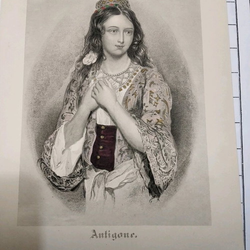1832 Antigone theatrical costume used hand-colored chalcography 16x23 cm