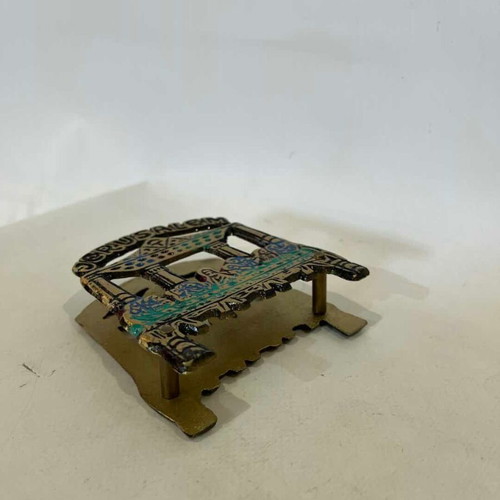 Vintage brass napkin holder with The Last Supper enamel design used