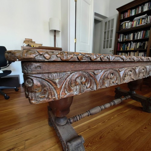 Solid Large Wooden Dining Table with Two Chairs used