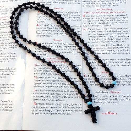 Prayer komboskini 100 beads with blue bead, handmade, new
