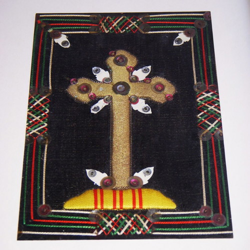 Vintage handmade embroidery Cross with gold thread and sequins in white frame