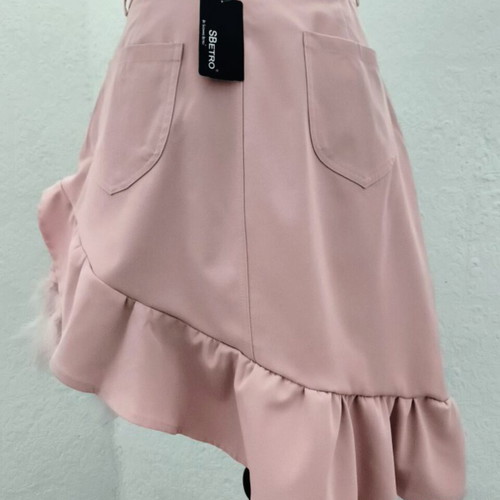 Upcycled asymmetric skirt with ruffles and pink feathers, SBETRO