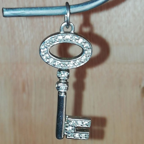 Steel necklace charm key silver color with clear zirconia new