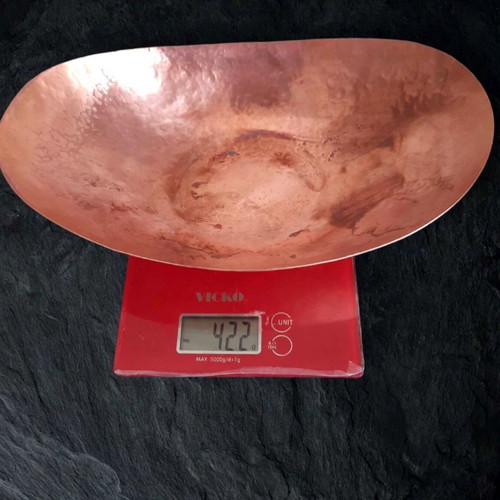 Vintage 1970s copper set, wall plate with roses and oval fruit bowl