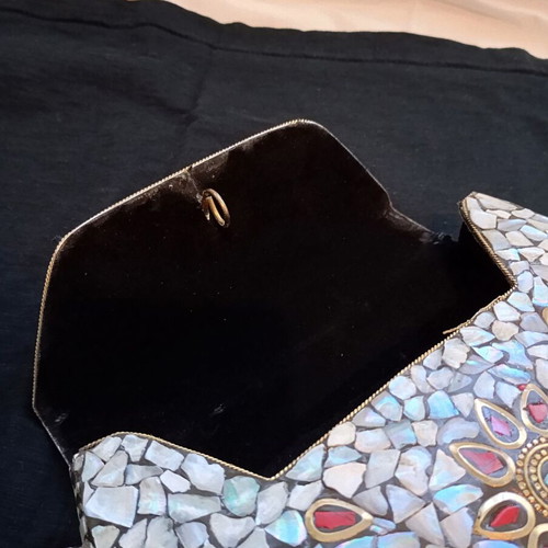 Handmade metal mosaic clutch with mother of pearl and gold chain, like new