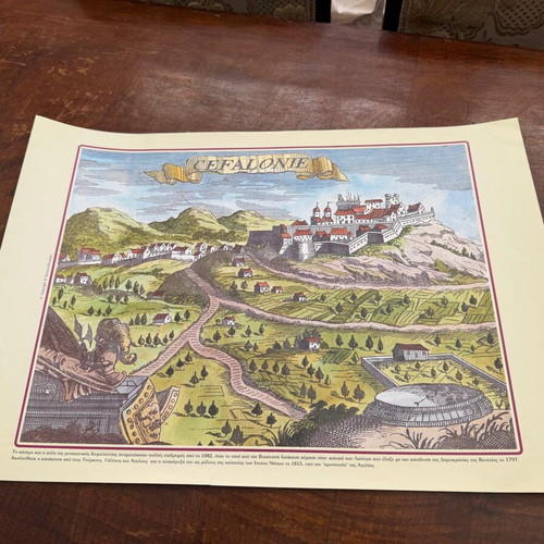 Chromolithographs used showing Igoumenitsa, Mystra, Kefalonia and Corinth