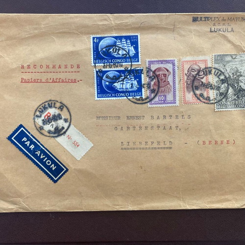 Large registered envelope from Belgian Congo to Switzerland 1950 used